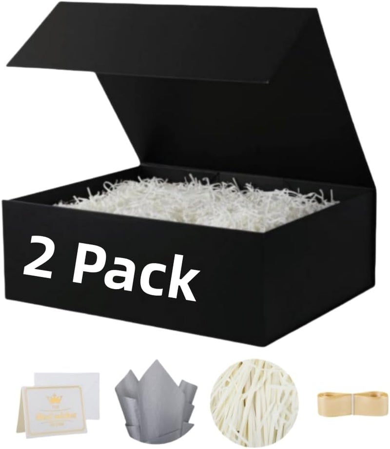 UoeRing 2 pack Black Gift Box Large 13.5x11.8x4.7 inch Luxury Gift Box for Presents with Magnetic Closure Lid Collapsible,Contains Card, Ribbon, Tissue Paper,Shredded Paper Filler - Image 1